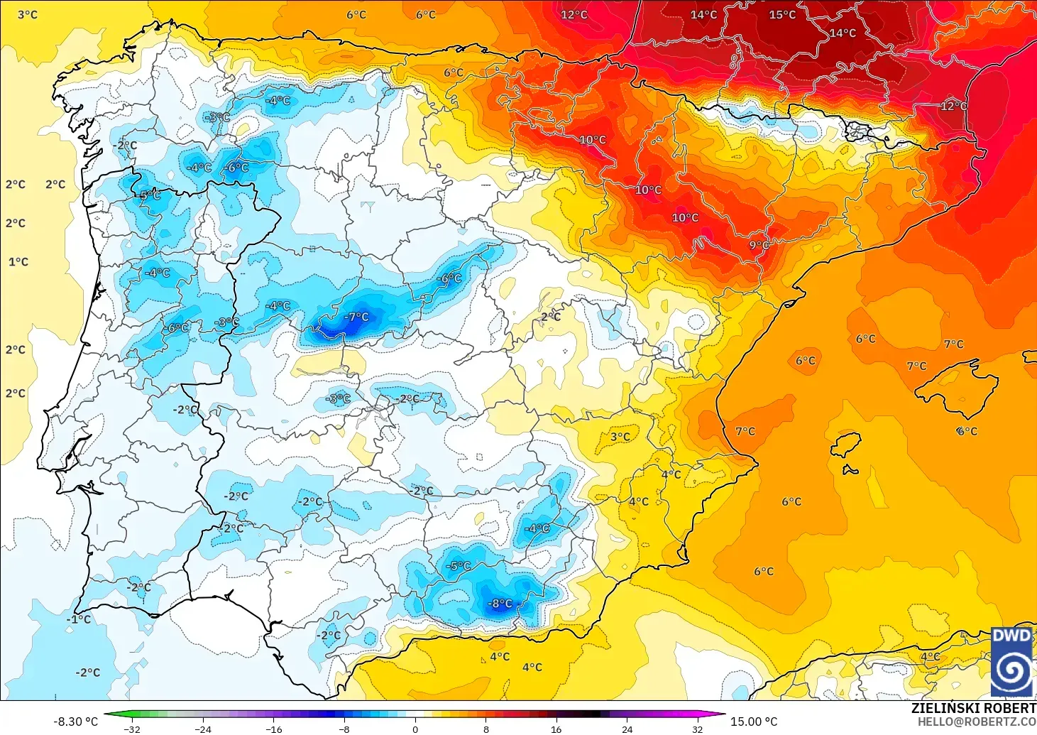 ICON model - Spain, Temperature at 850hPa Anomaly