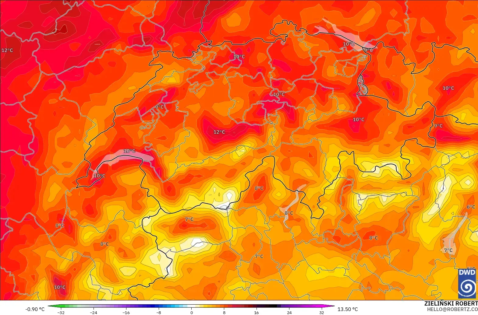 ICON model - Switzerland, Temperature at 2m Anomaly