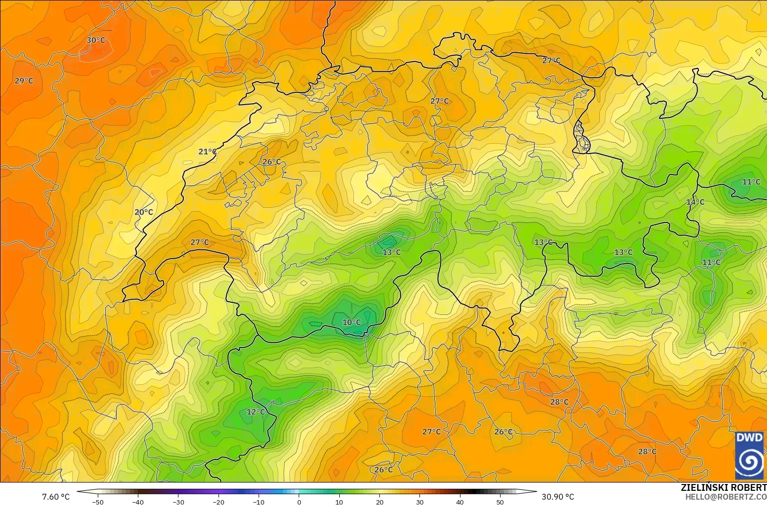 ICON model - Switzerland, Temperature at 2m
