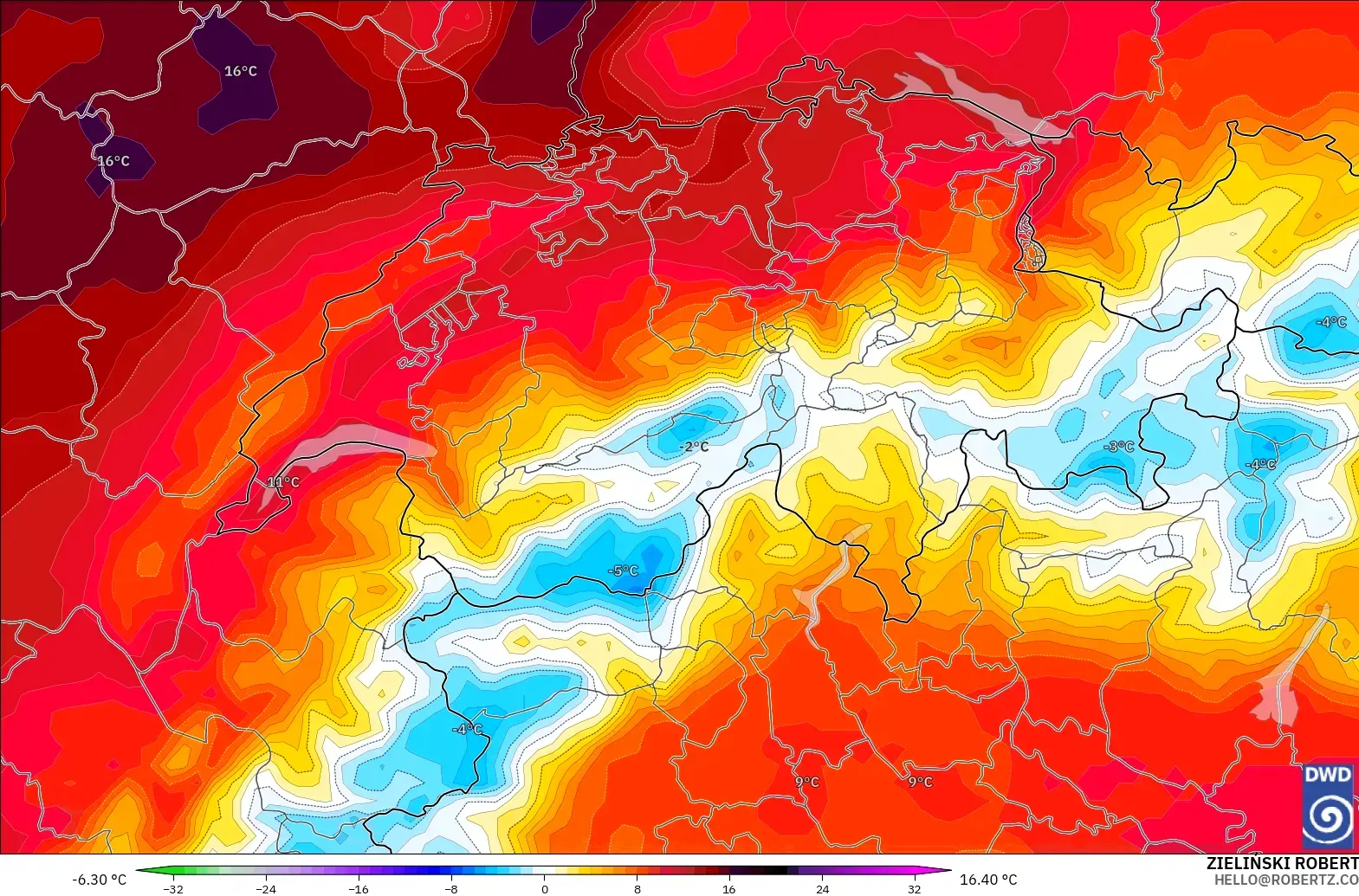 ICON model - Switzerland, Temperature at 850hPa Anomaly