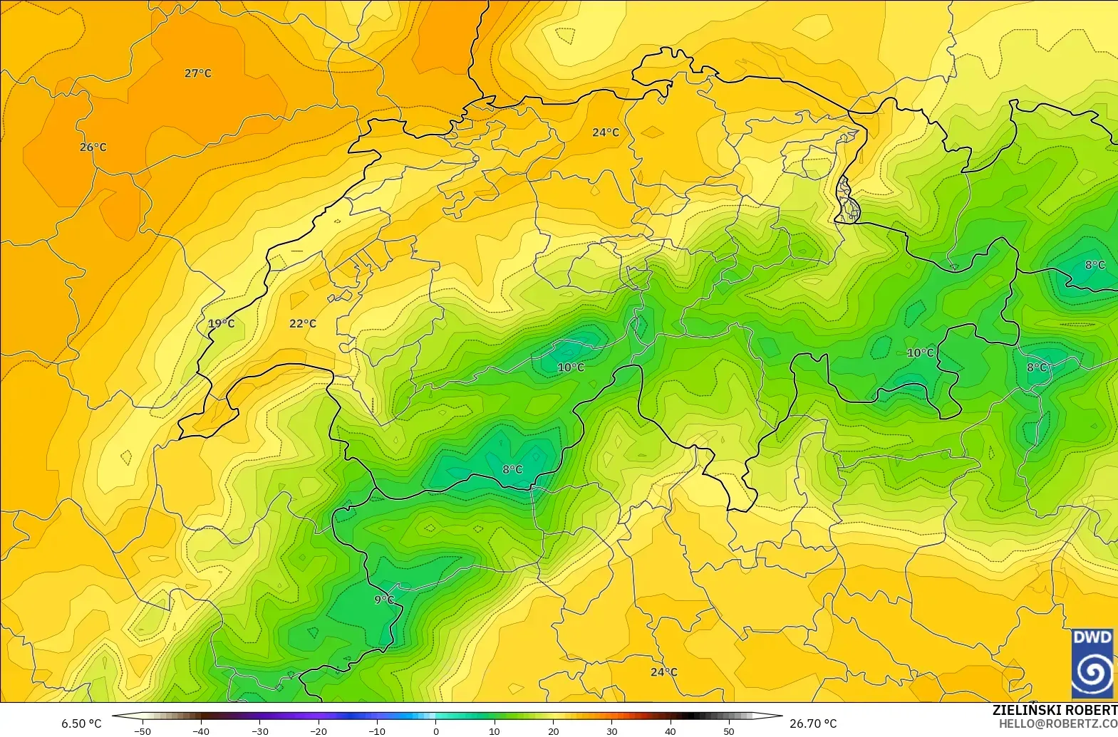 ICON model - Switzerland, Temperature at 850hPa