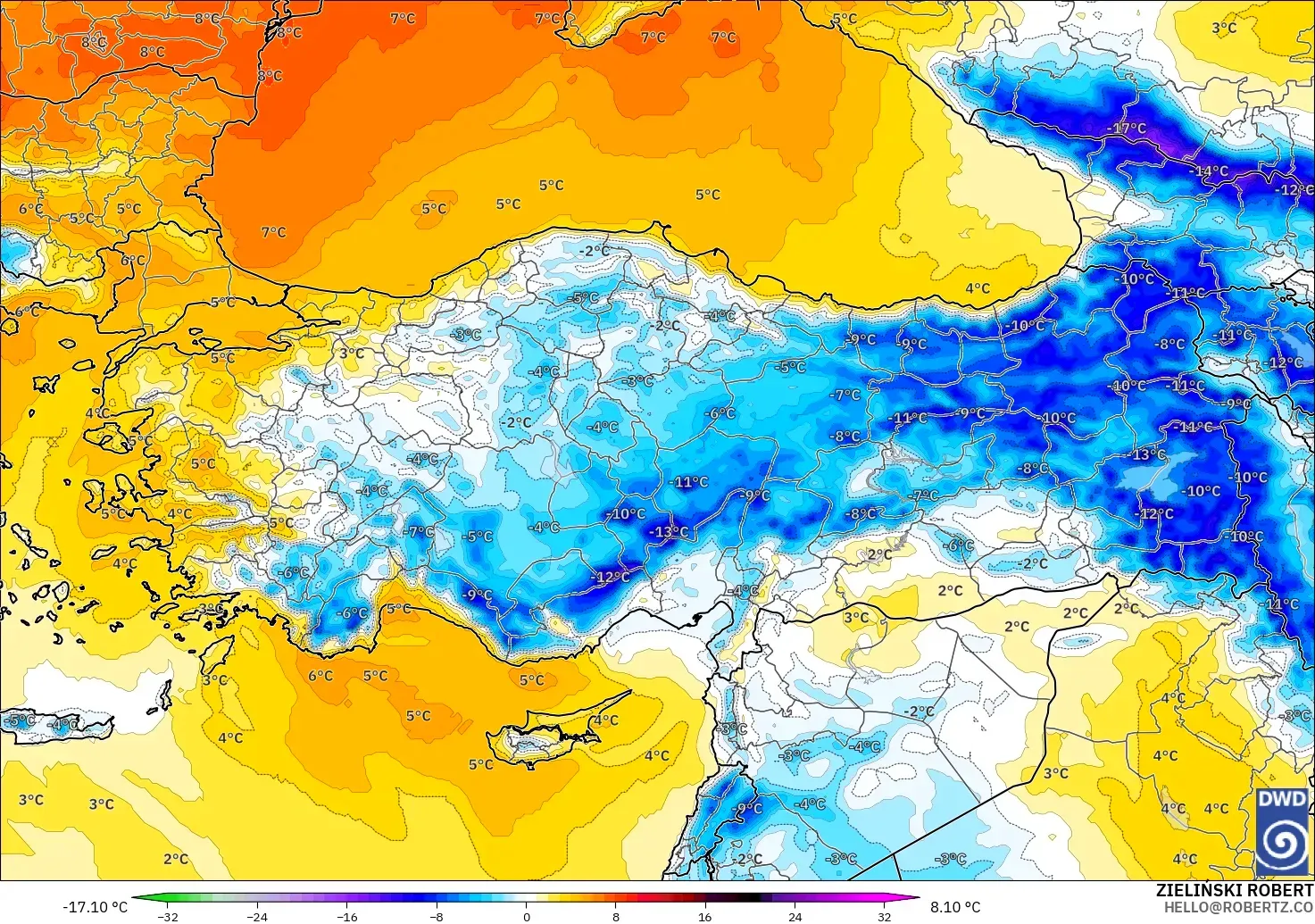 ICON model - Turkey, Temperature at 850hPa Anomaly