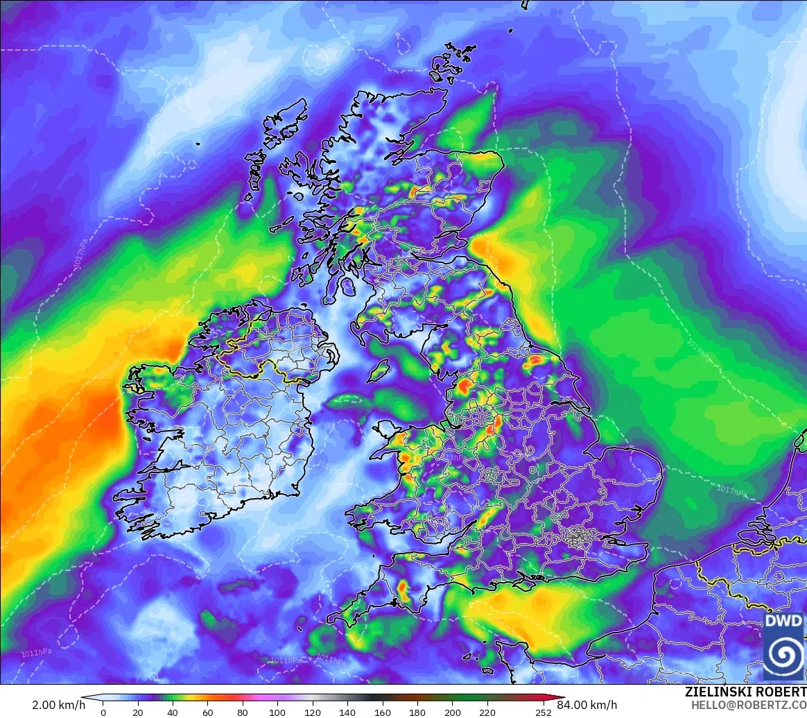 ICON model - United Kingdom, Wind Gusts Peak