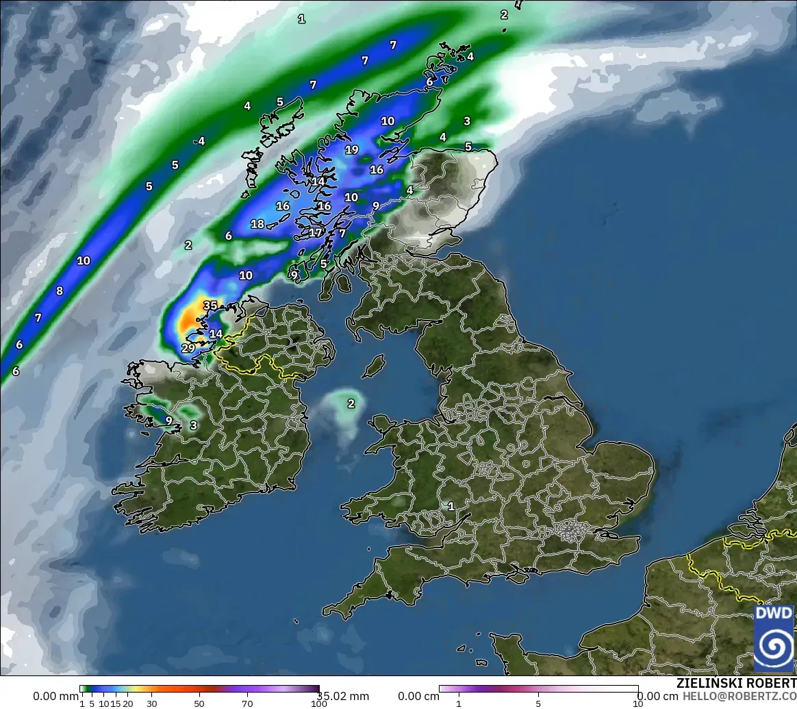 ICON model - United Kingdom, Precipitation, Clouds, and Pressure