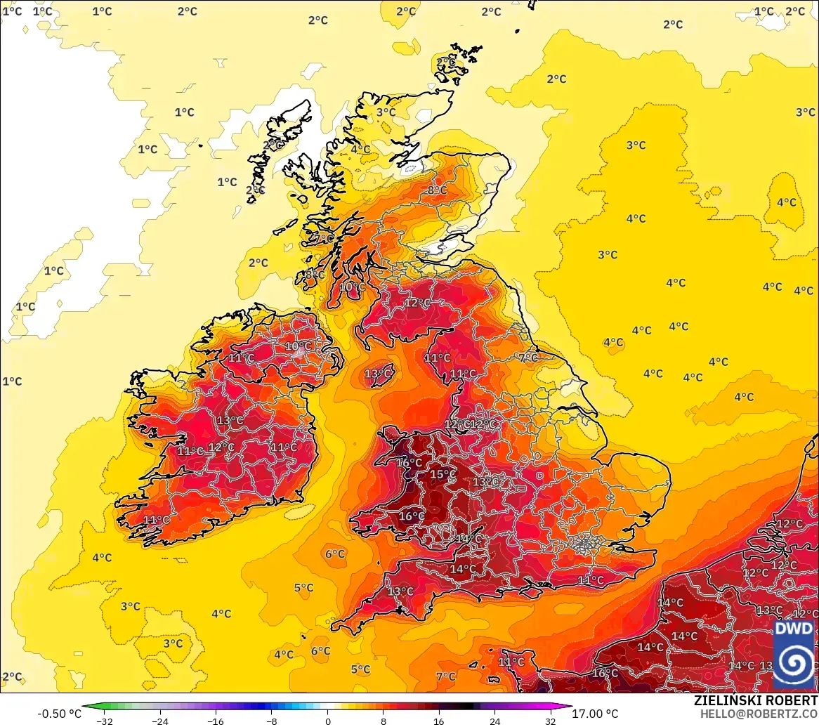 ICON model - United Kingdom, Temperature at 2m Anomaly