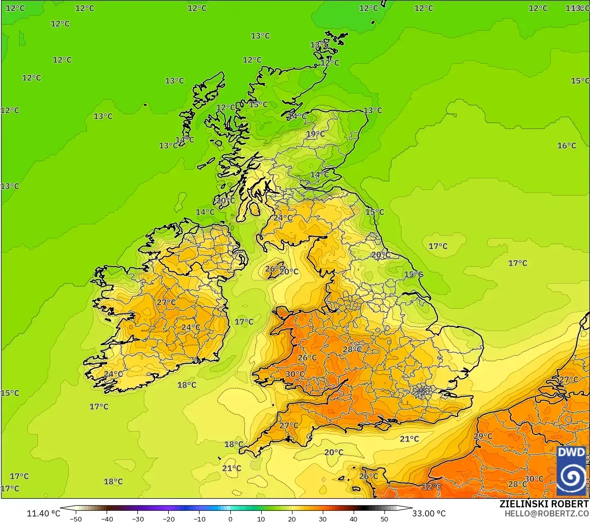 ICON model - United Kingdom, Temperature at 2m