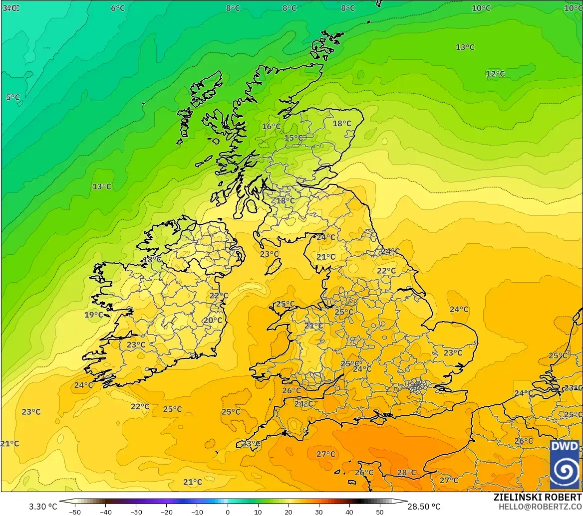 ICON model - United Kingdom, Temperature at 850hPa