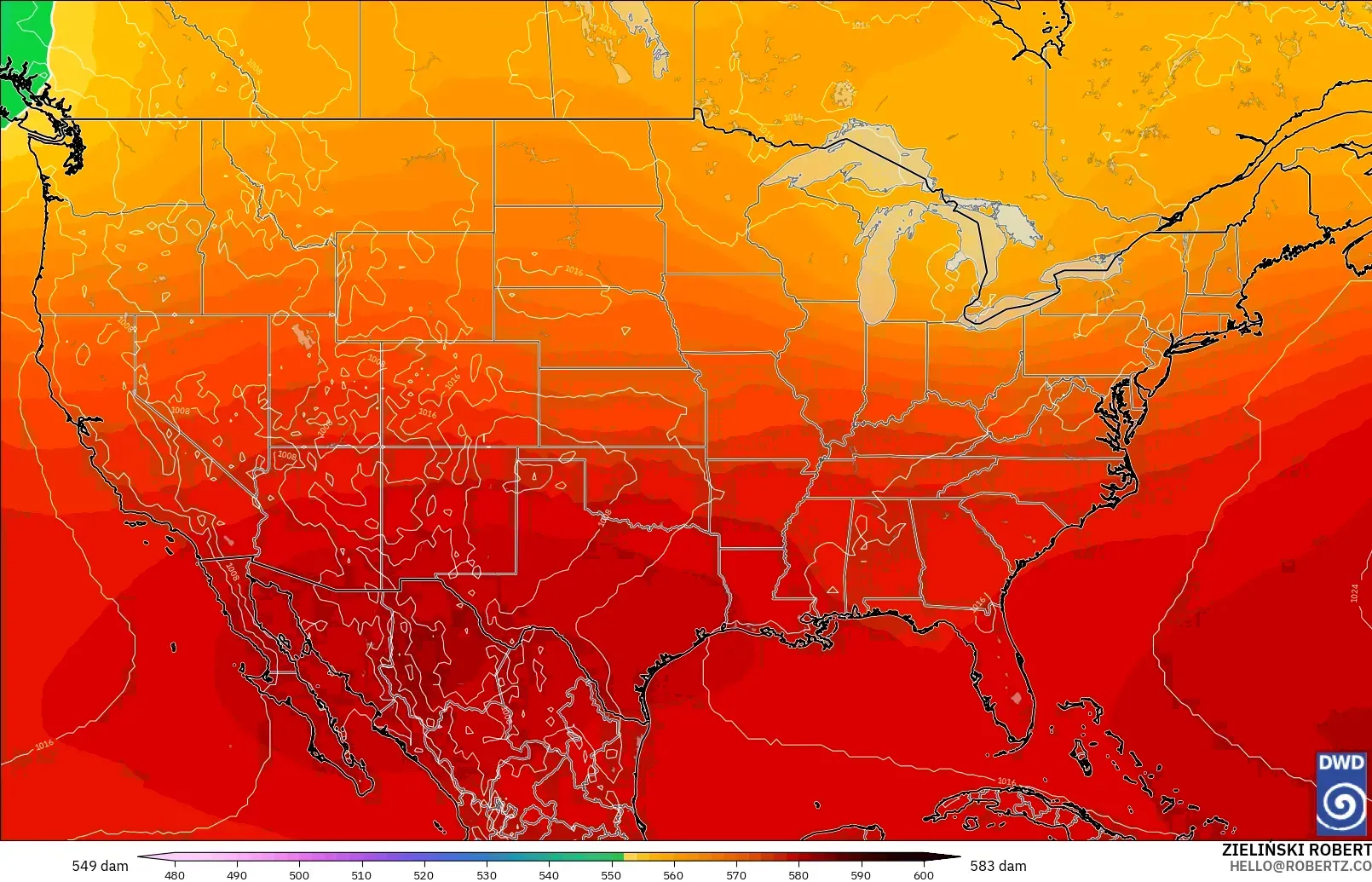 ICON model - United States, Geopotential height at 500hPa