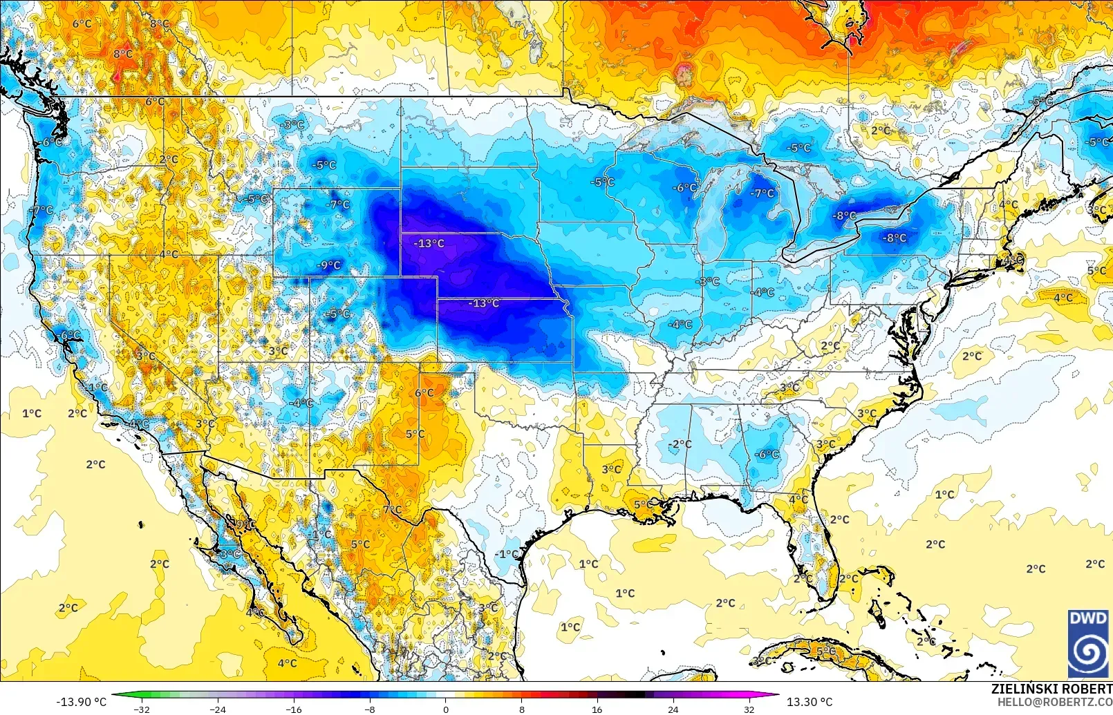 ICON model - United States, Temperature at 2m Anomaly