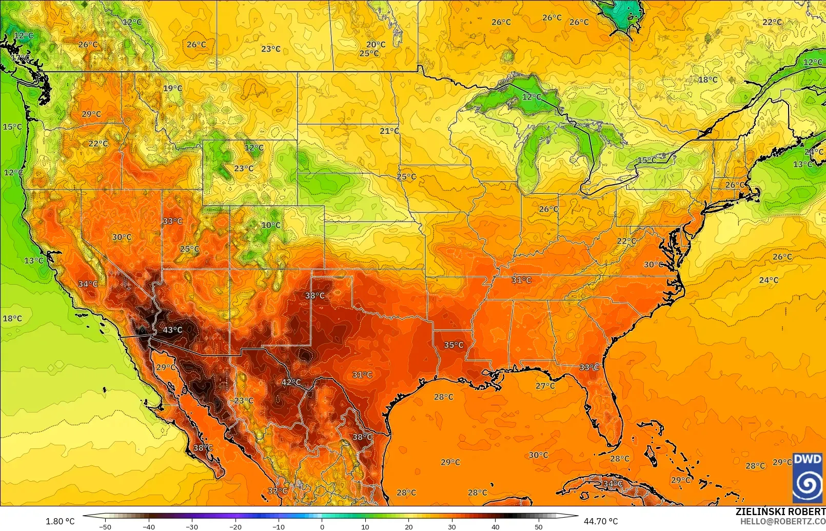 ICON model - United States, Temperature at 2m