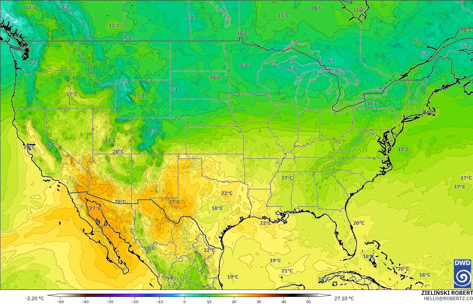 ICON model - United States, Temperature at 850hPa