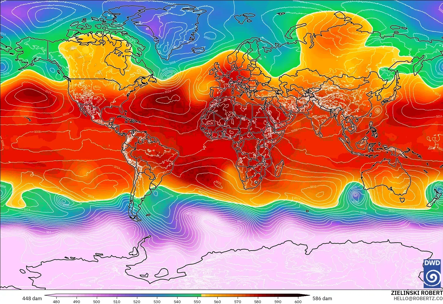ICON model - World, Geopotential height at 500hPa