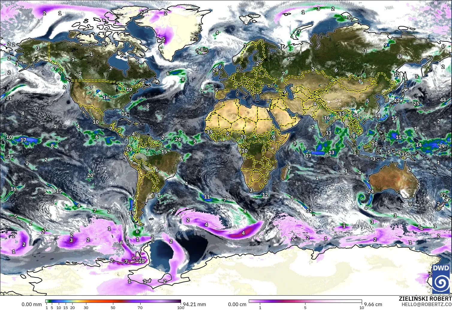 ICON model - World, Precipitation, Clouds, and Pressure