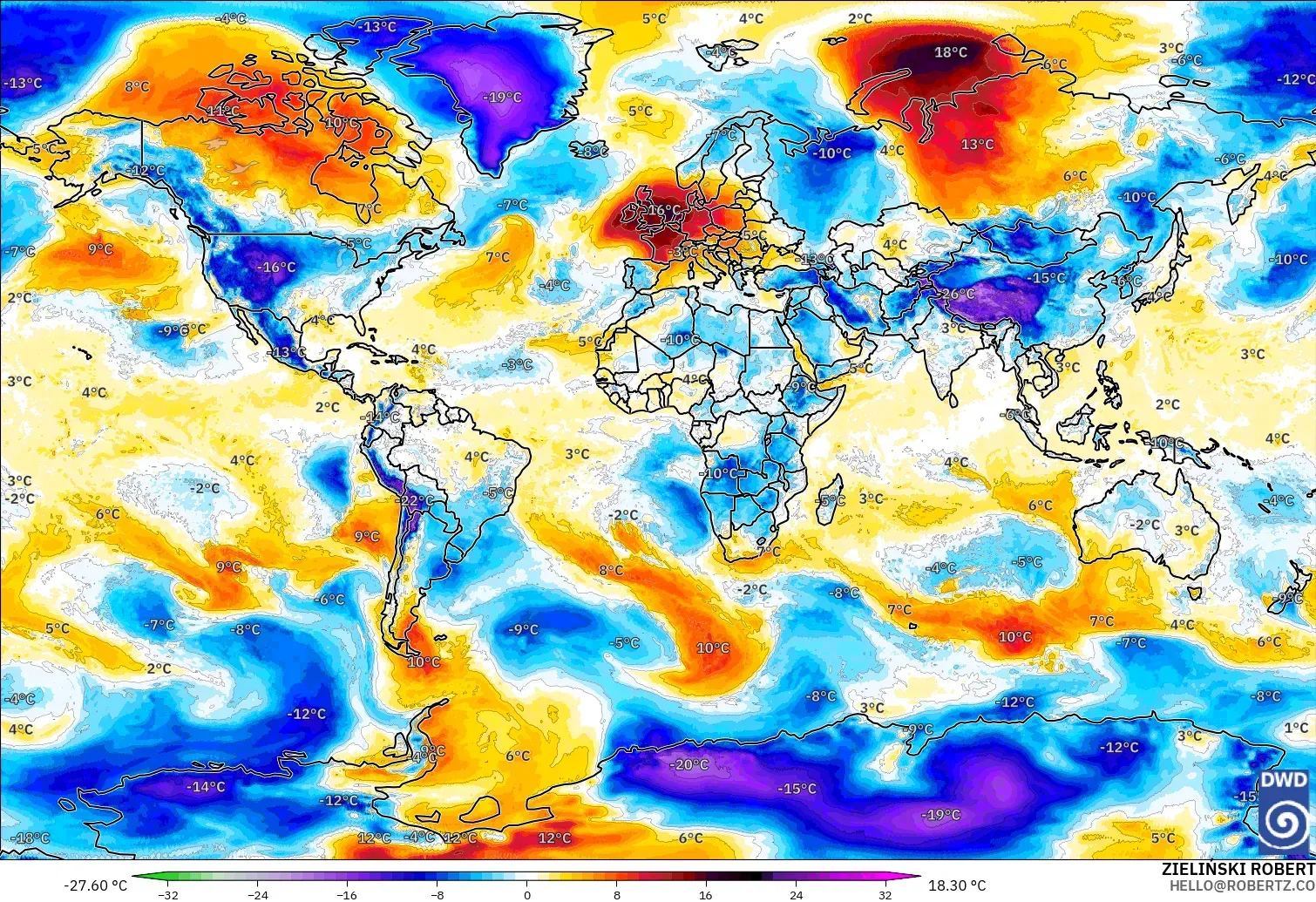 ICON model - World, Temperature at 850hPa Anomaly