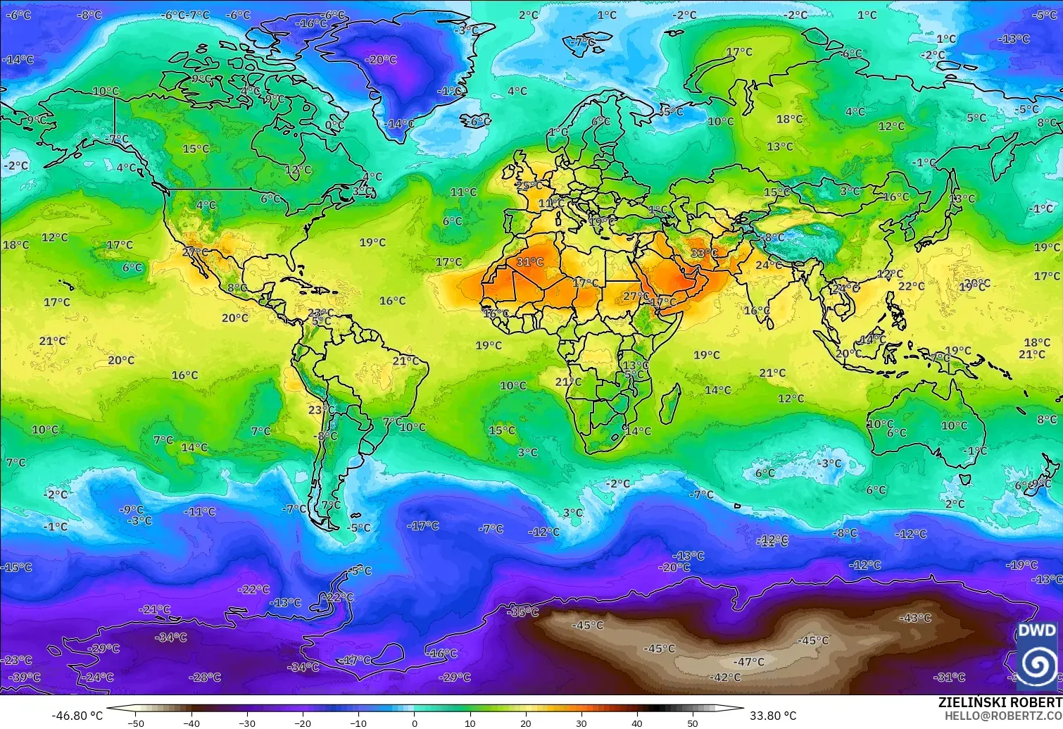 ICON model - World, Temperature at 850hPa