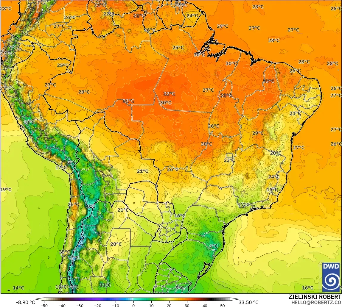 ICON model - Brazil, Temperature at 2m