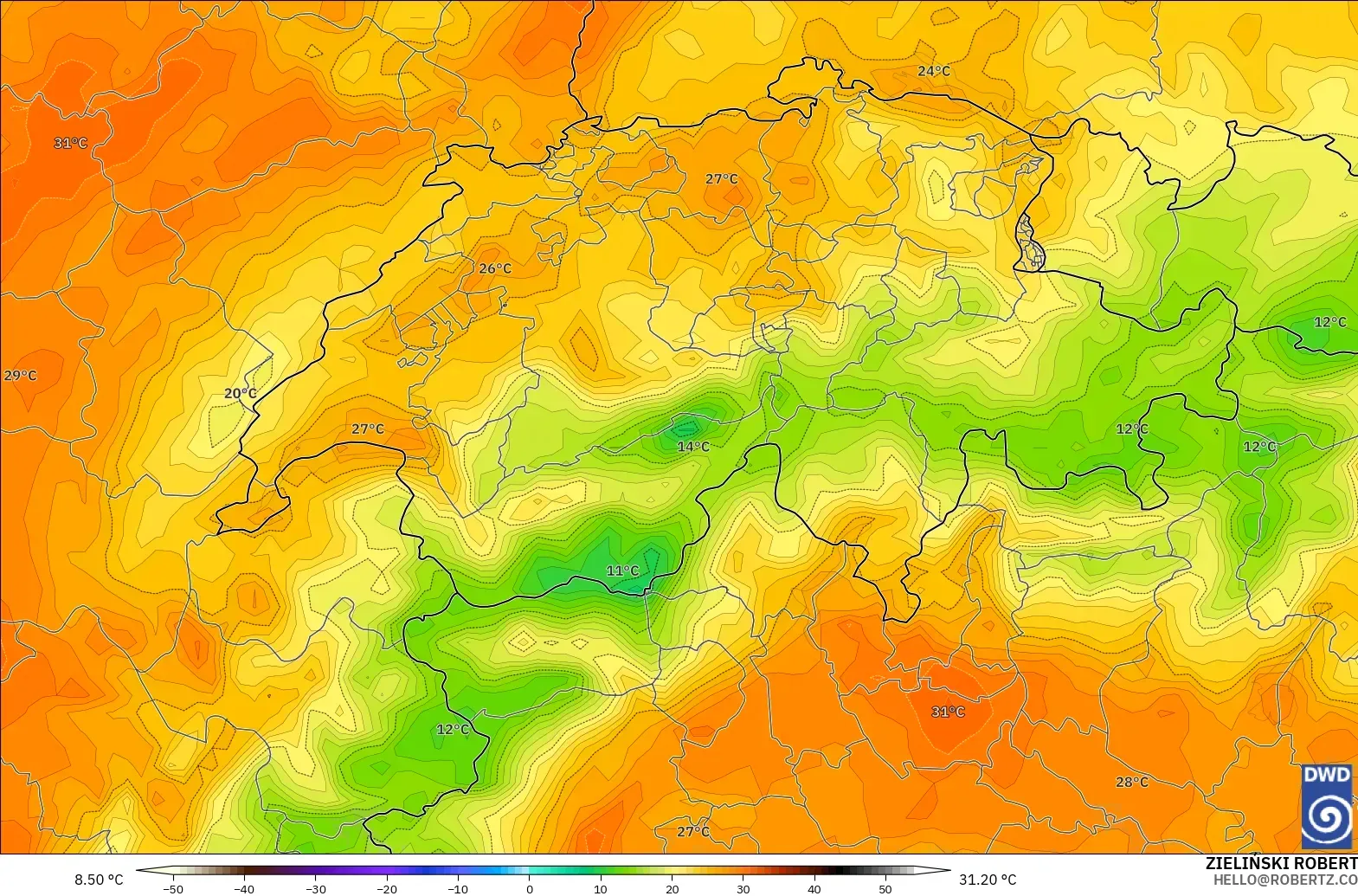 ICON model - Switzerland, Temperature at 2m