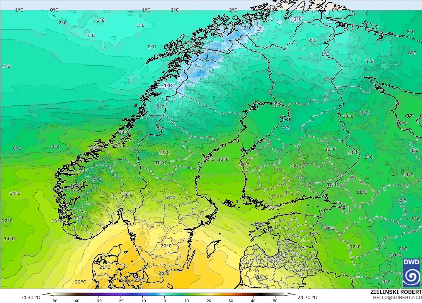 ICON model - Scandinavia, Temperature at 850hPa