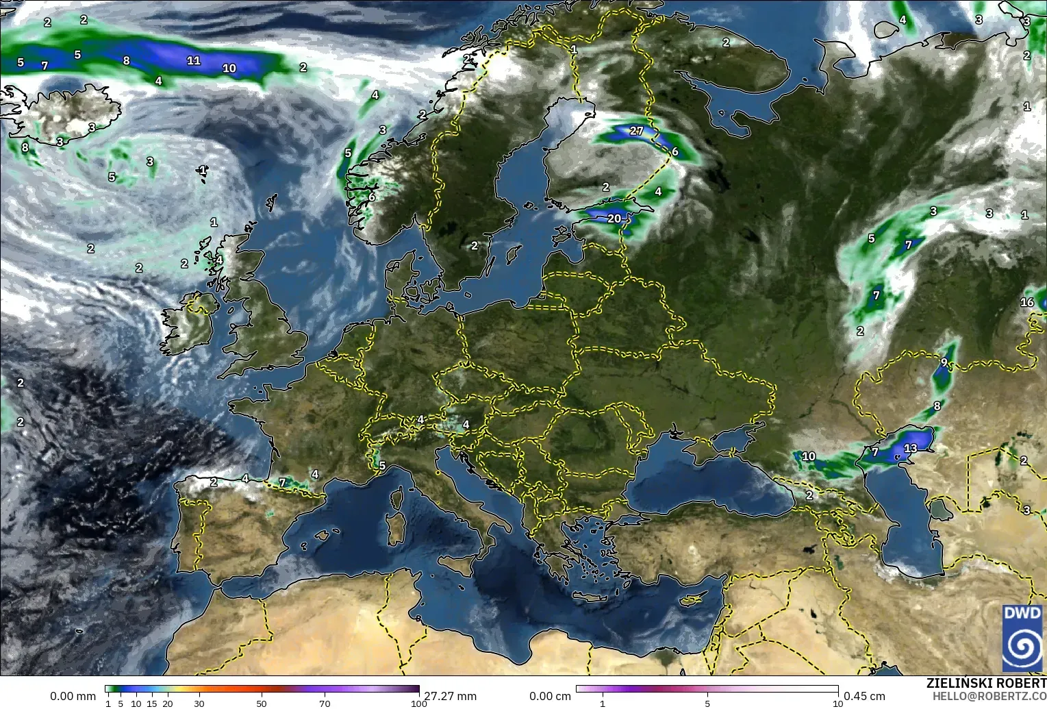 ICON model - Europe, Precipitation, Clouds, and Pressure