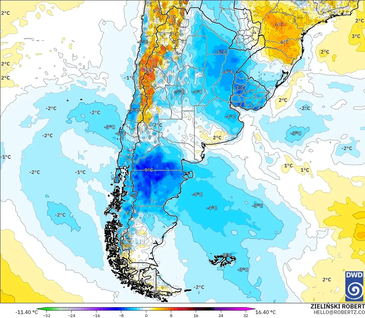 ICON model - Argentina, Temperature at 2m Anomaly