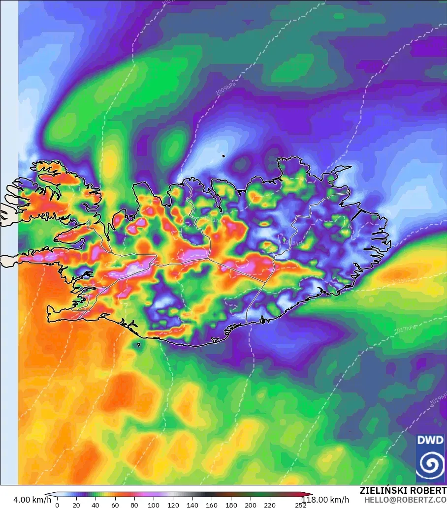 ICON model - Iceland, Wind Gusts Peak
