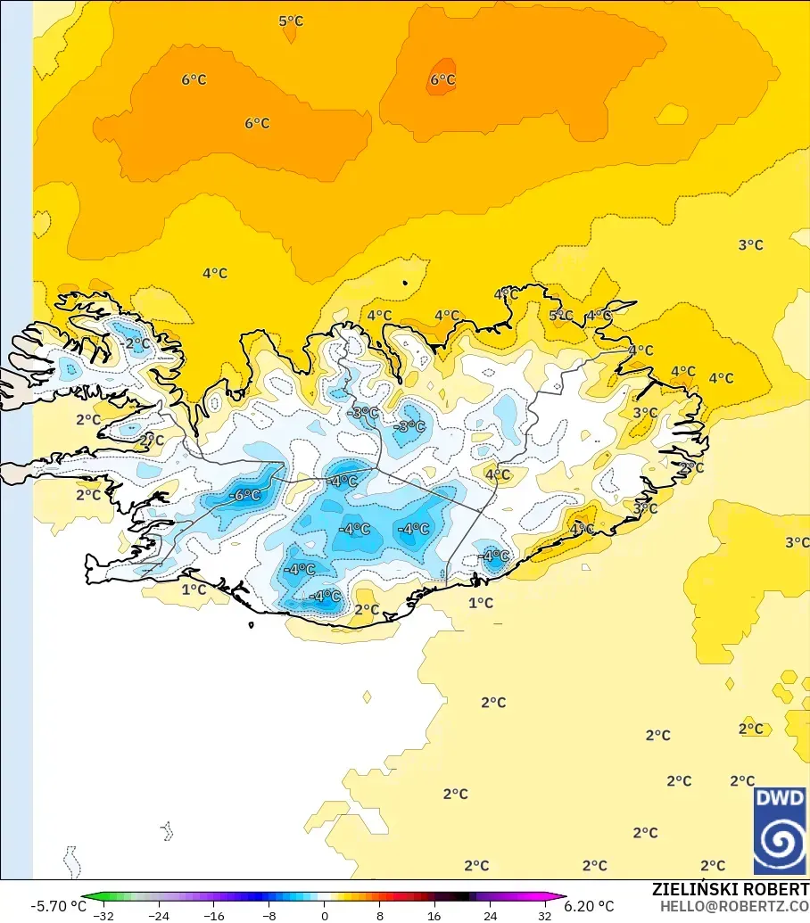 ICON model - Iceland, Temperature at 2m Anomaly