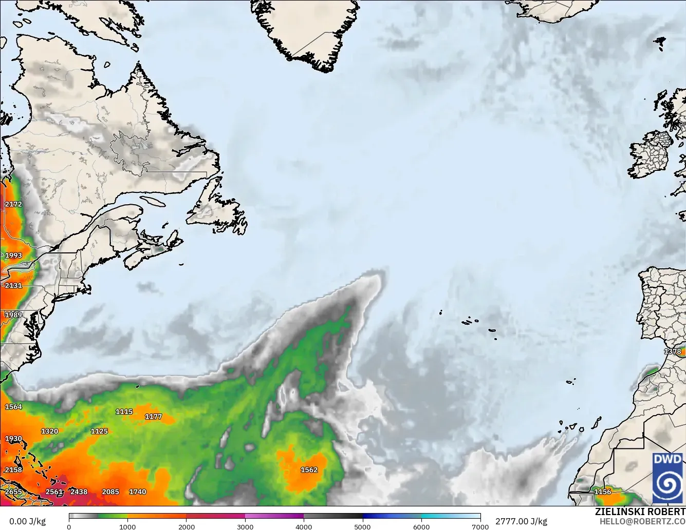 ICON model - North Atlantic, CAPE