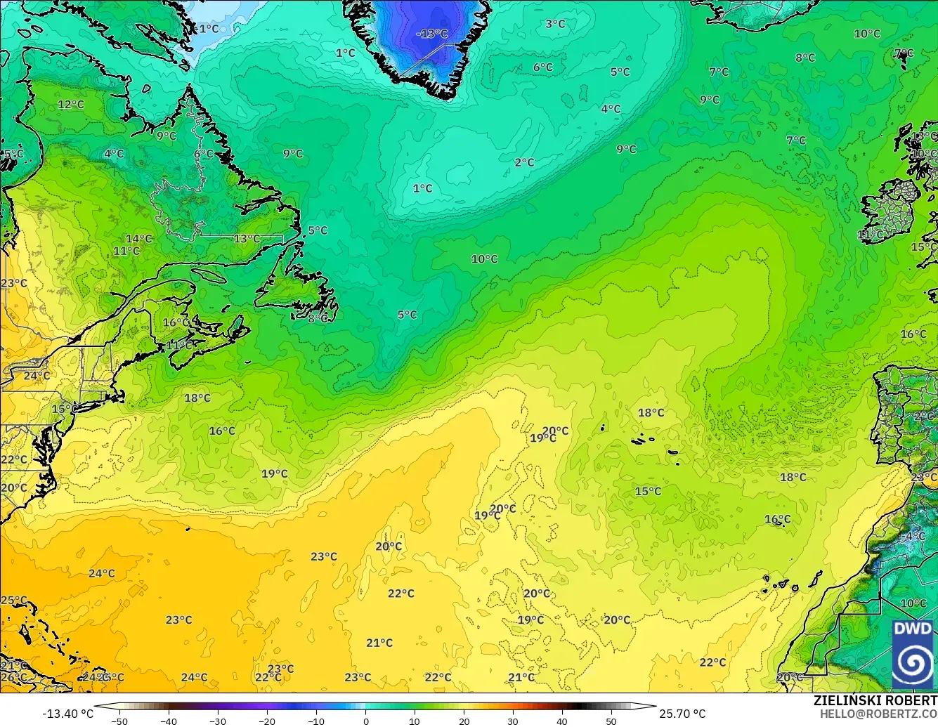 ICON model - North Atlantic, Dewpoint at 2m