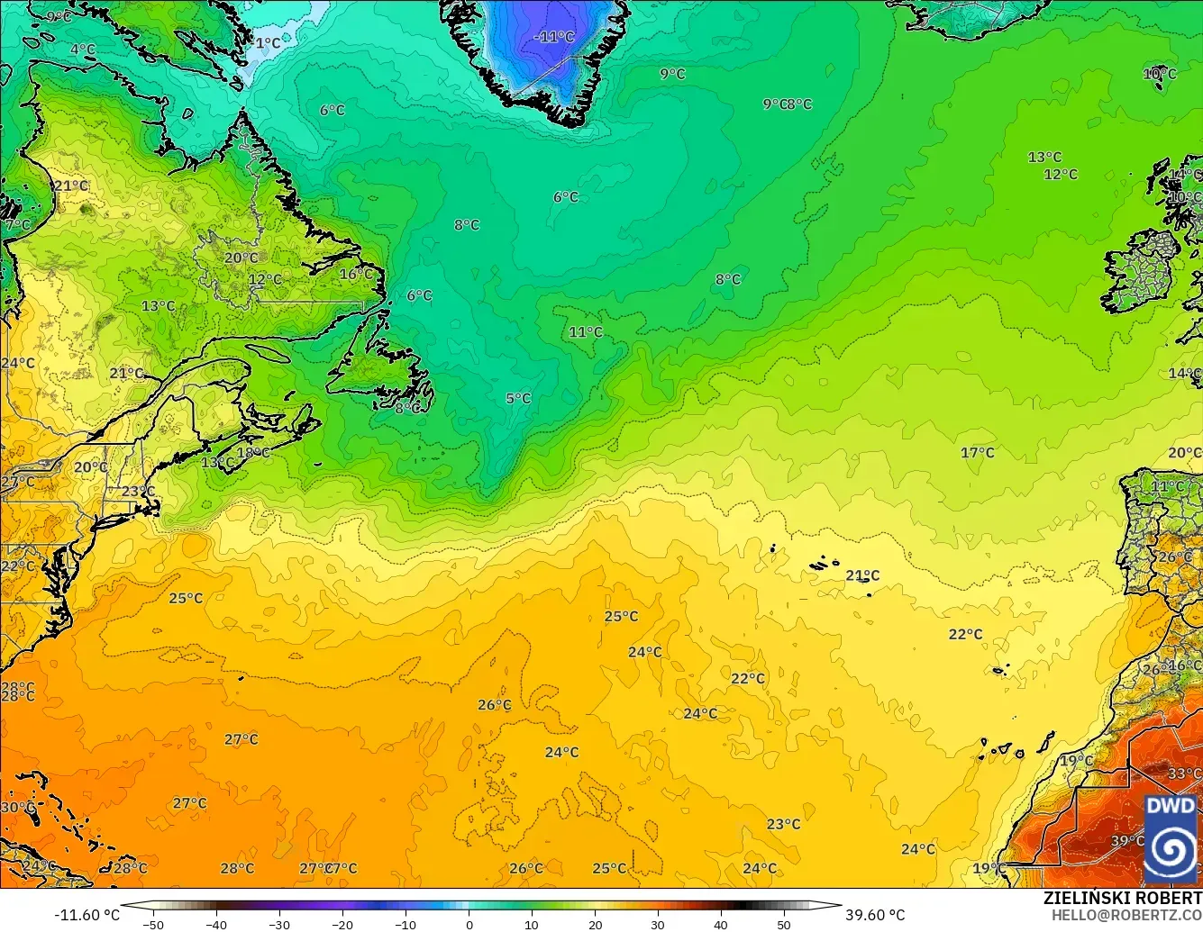 ICON model - North Atlantic, Temperature at 2m