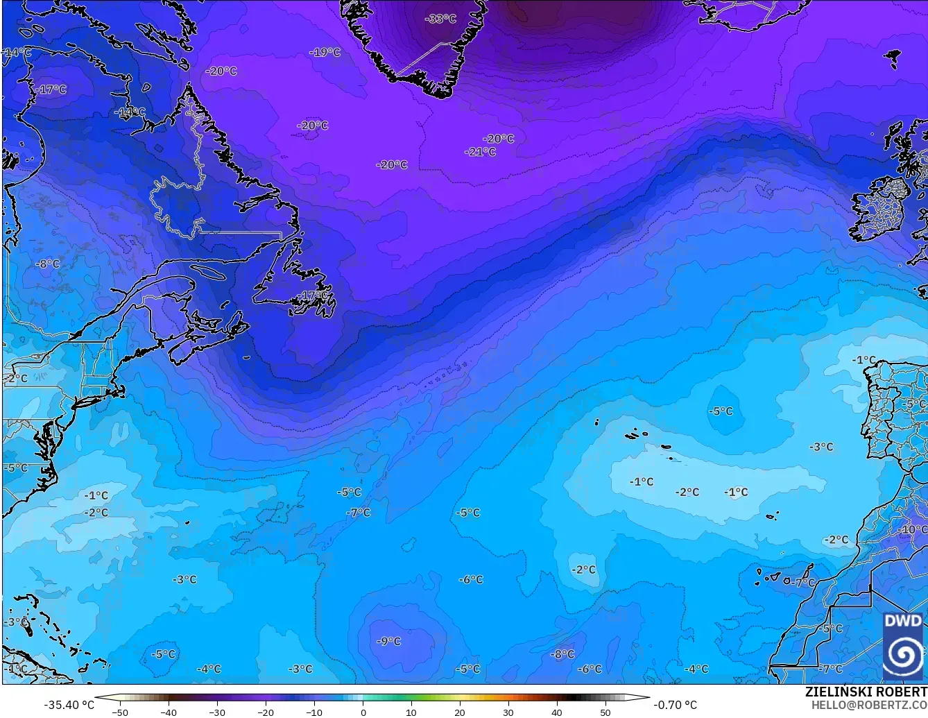 ICON model - North Atlantic, Temperature at 500hPa