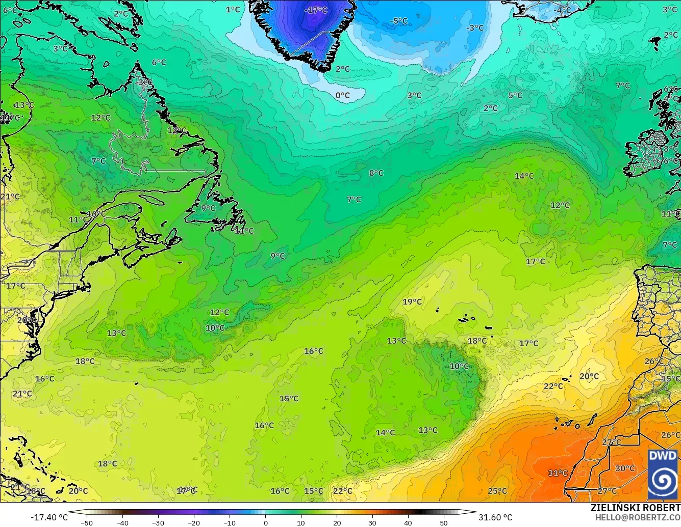 ICON model - North Atlantic, Temperature at 850hPa