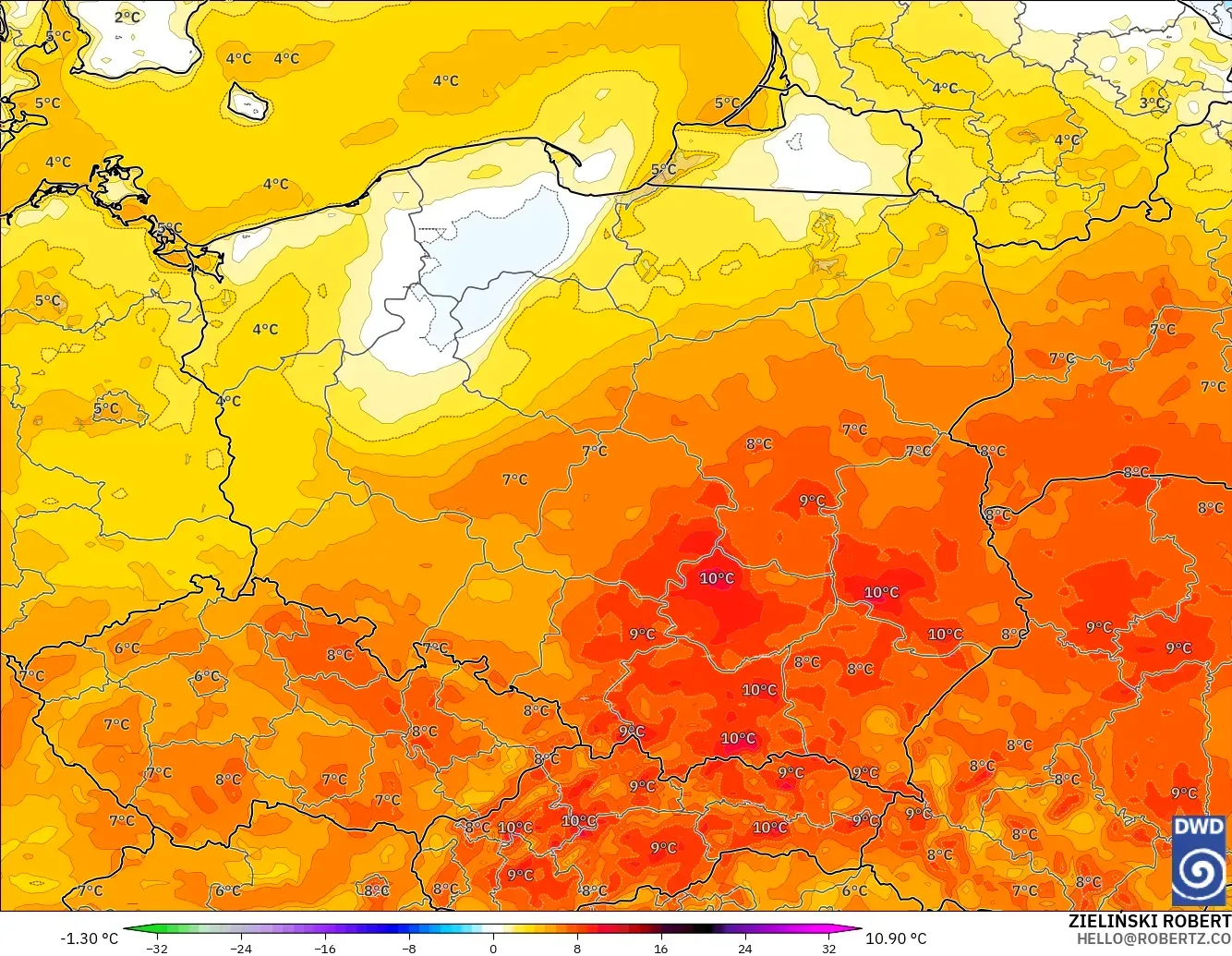 ICON model - Poland, Temperature at 2m Anomaly