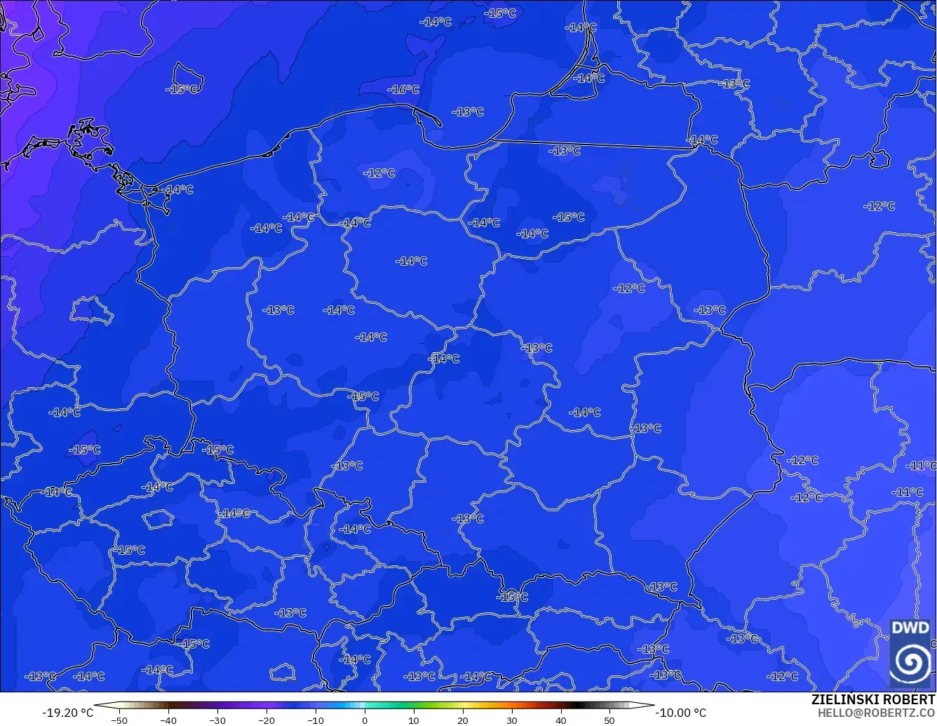 ICON model - Poland, Temperature at 500hPa