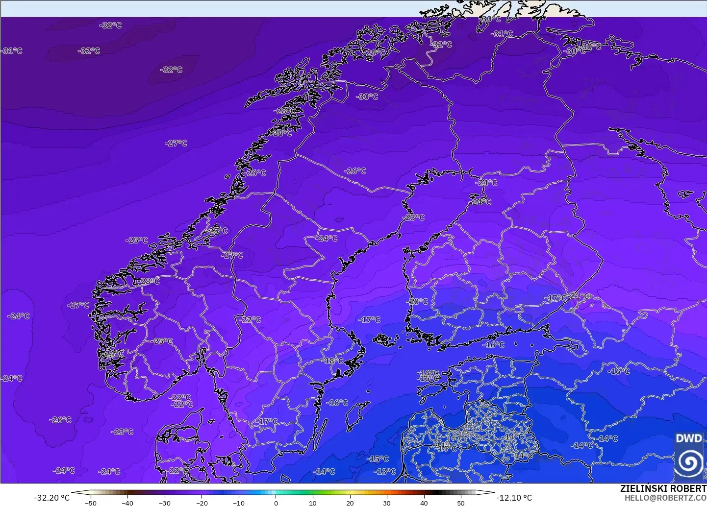 ICON model - Scandinavia, Temperature at 500hPa