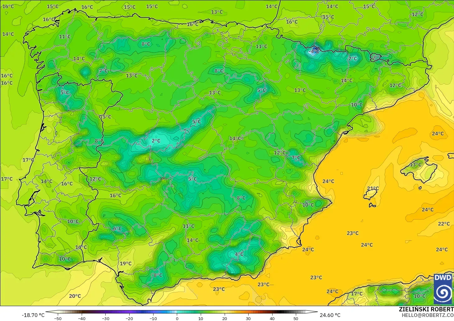 ICON model - Spain, Dewpoint at 2m