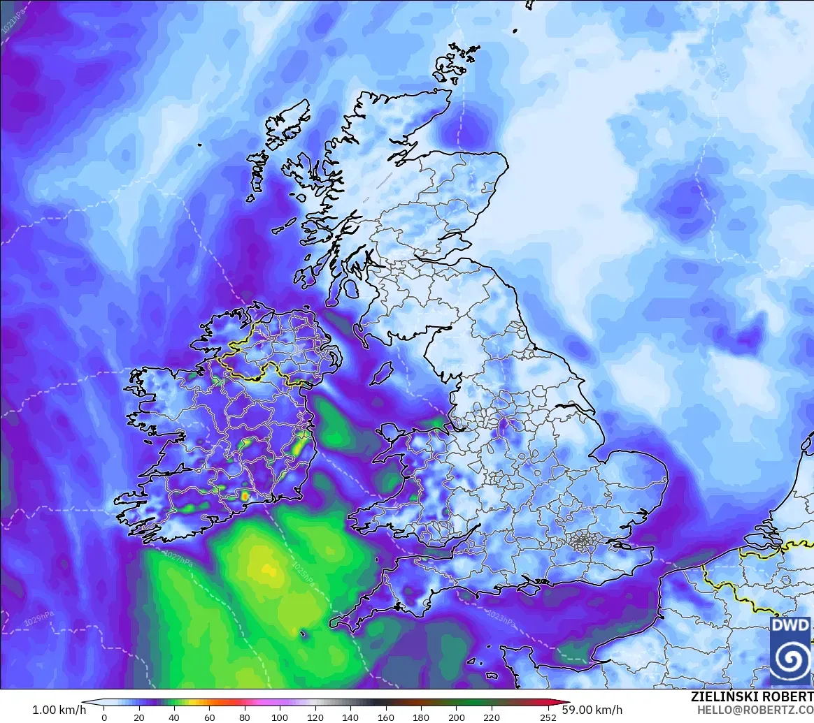 ICON model - United Kingdom, Wind Gusts Peak