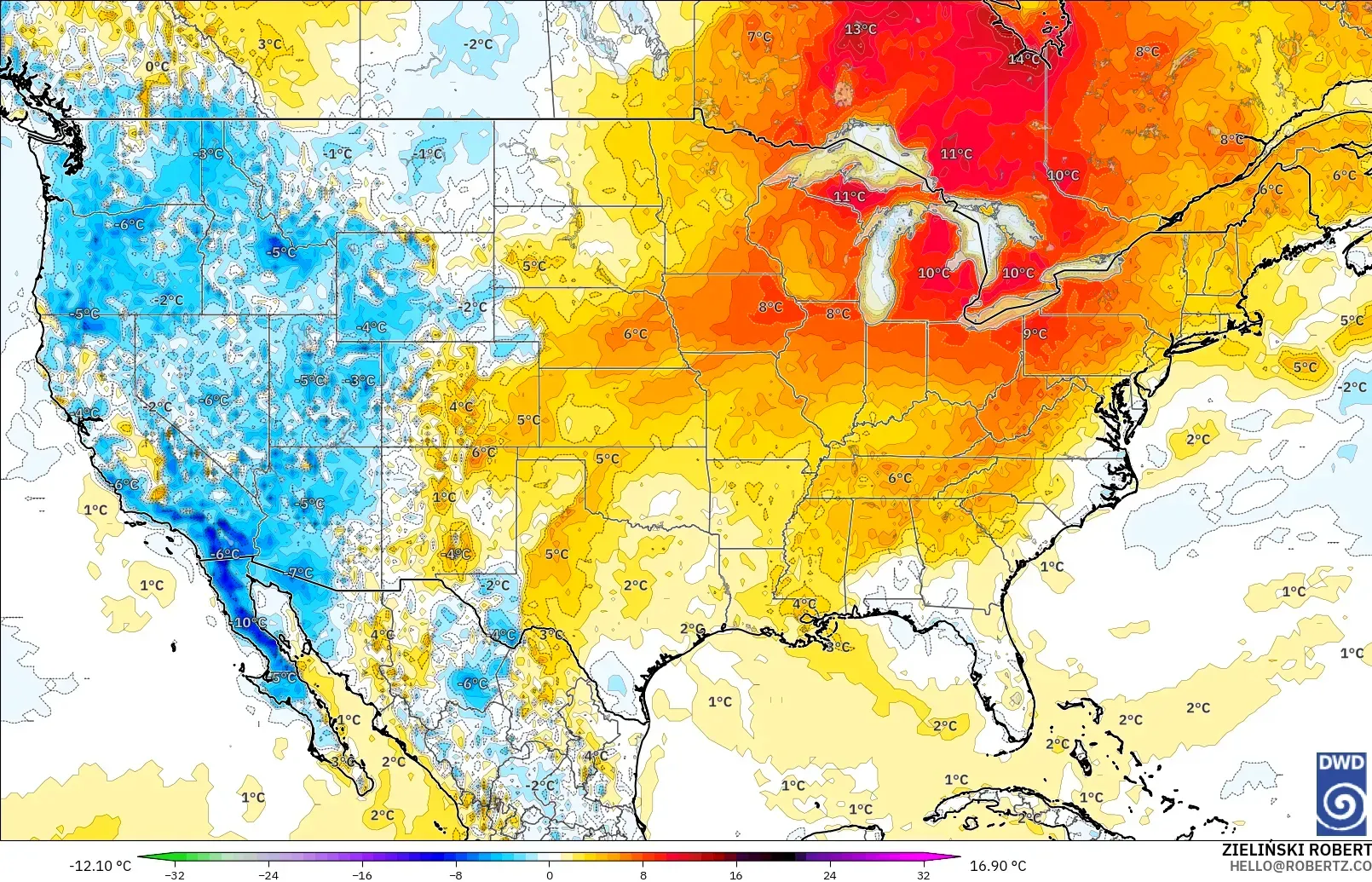 ICON model - United States, Temperature at 2m Anomaly