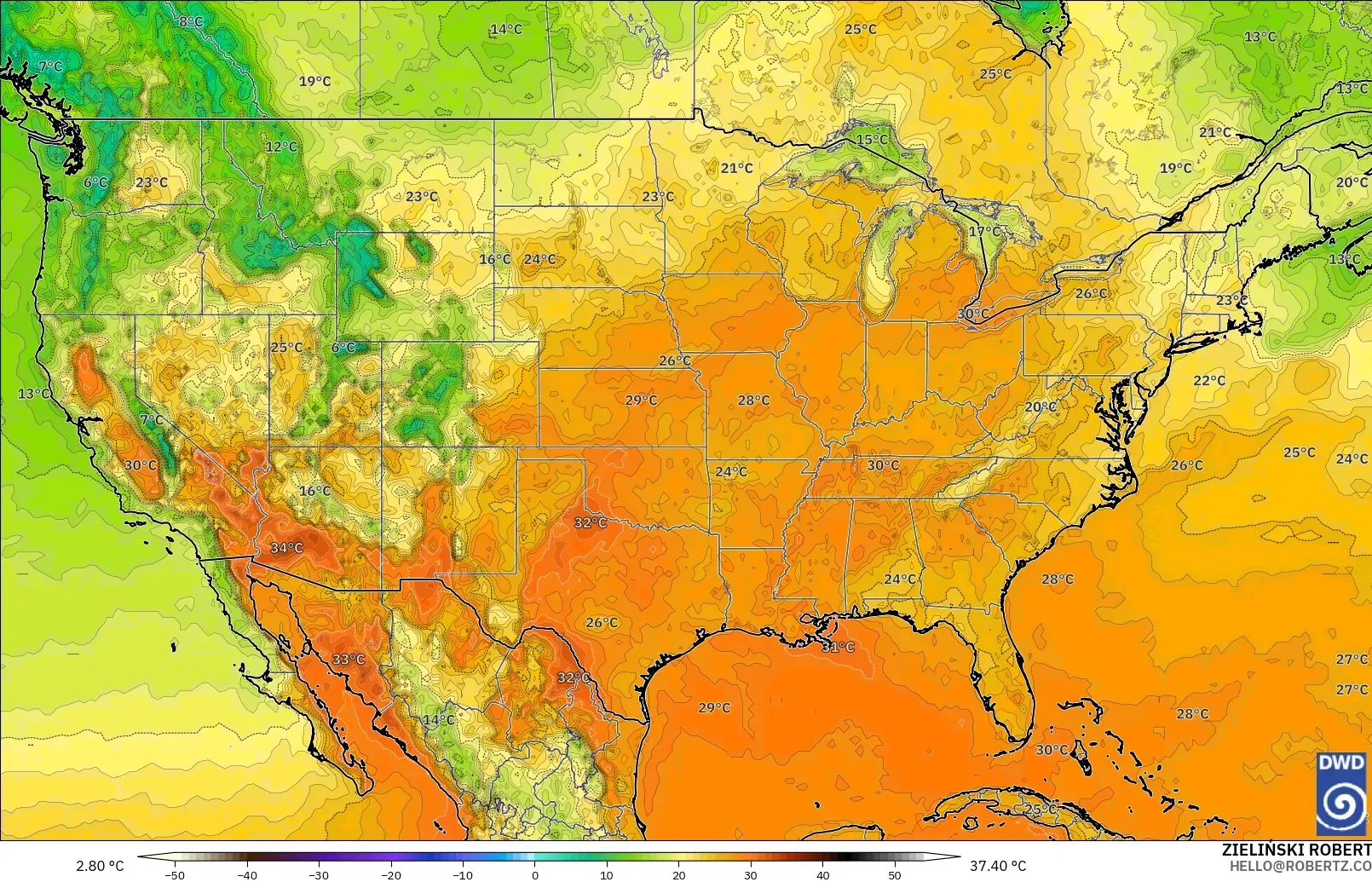 ICON model - United States, Temperature at 2m