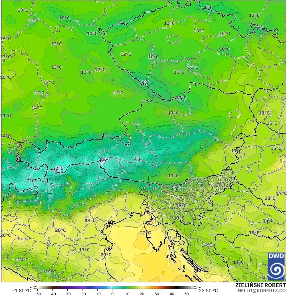 ICON model - Austria, Temperature at 850hPa