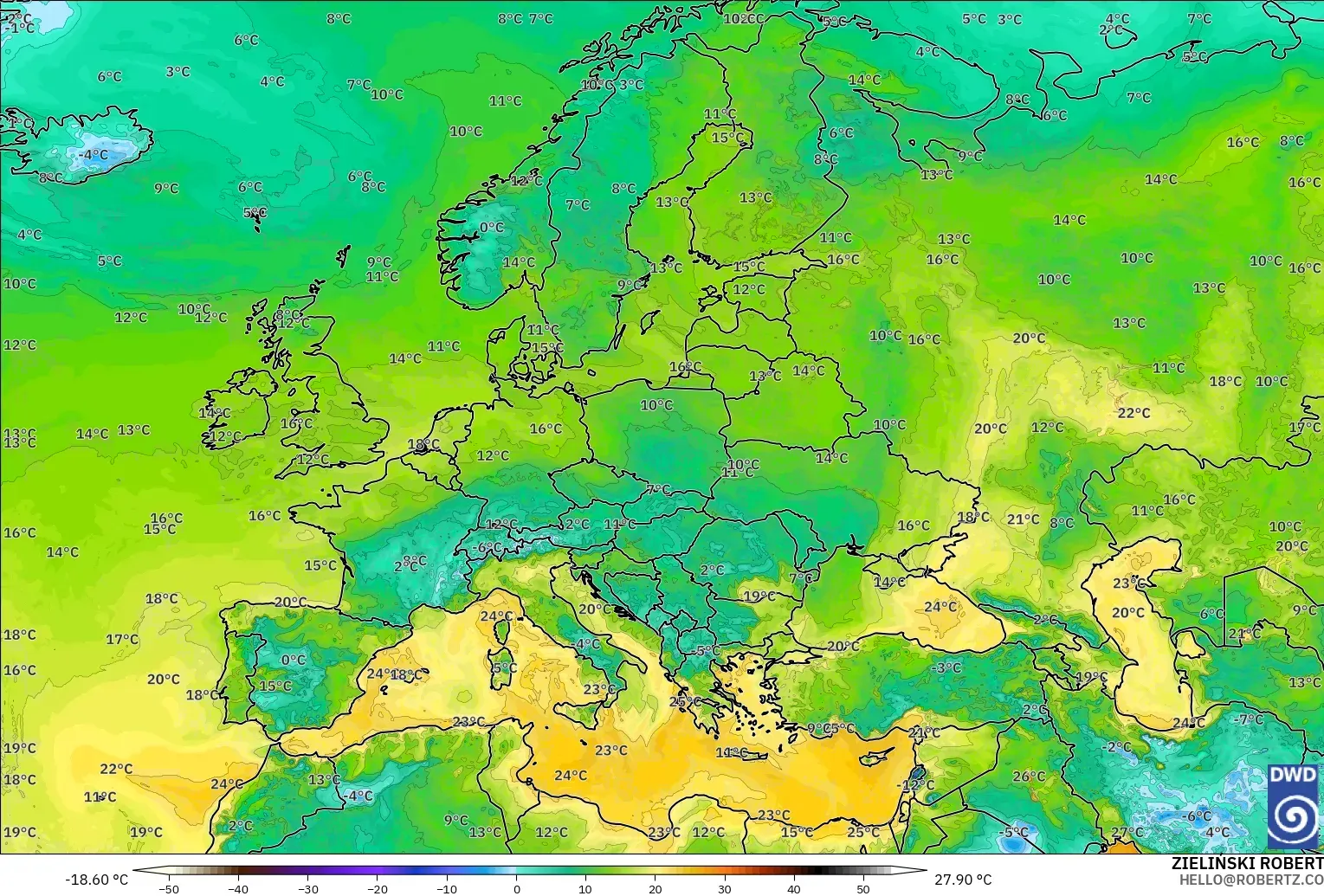 ICON model - Europe, Dewpoint at 2m