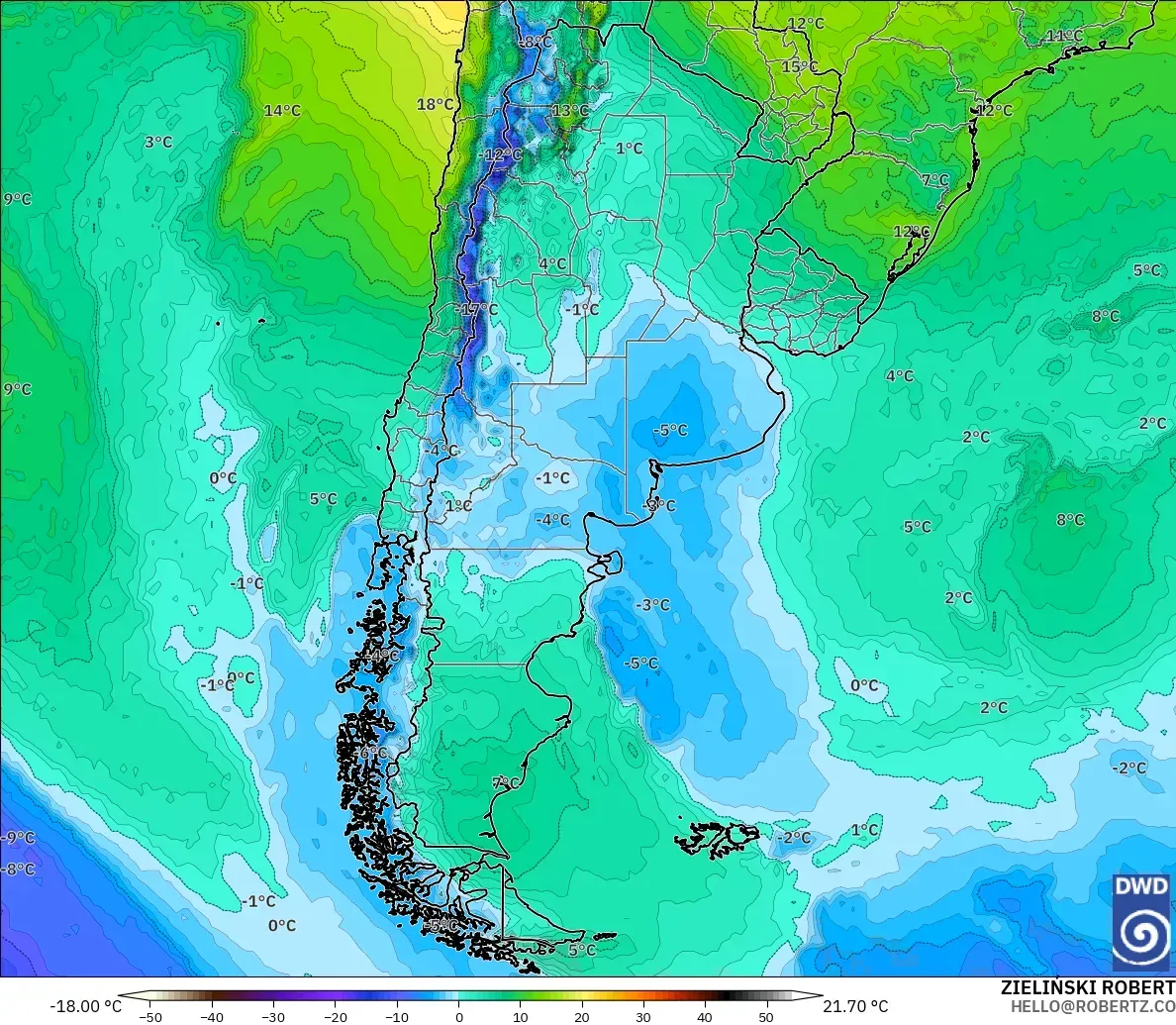 ICON model - Argentina, Temperature at 850hPa