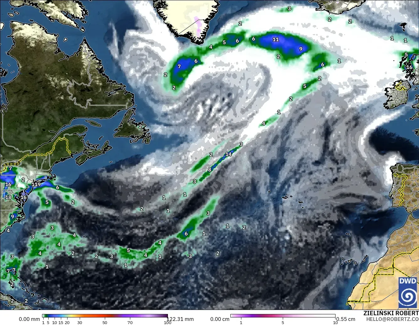 ICON model - North Atlantic, Precipitation, Clouds, and Pressure