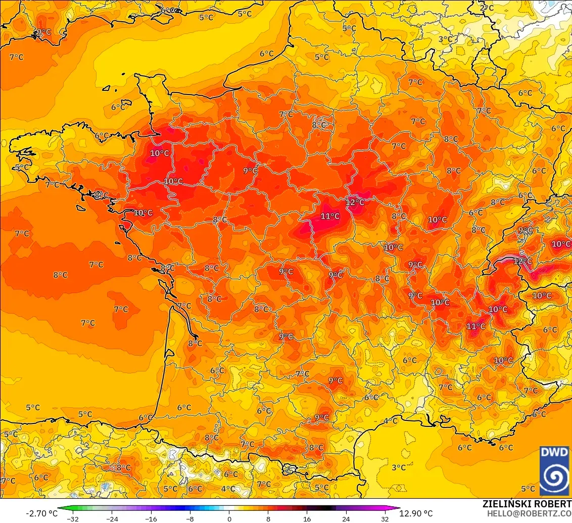 ICON model - France, Temperature at 2m Anomaly