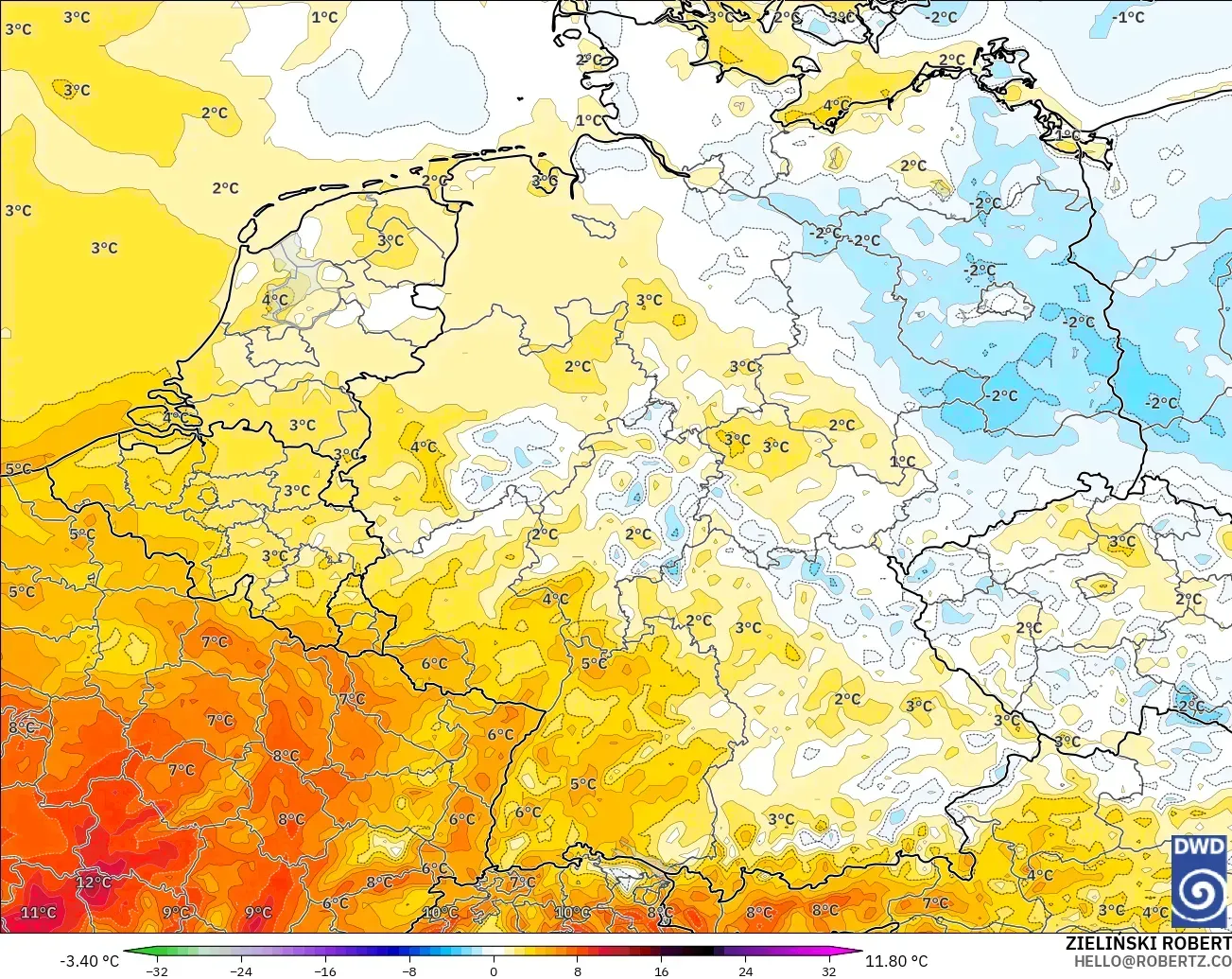 ICON model - Germany, Temperature at 2m Anomaly