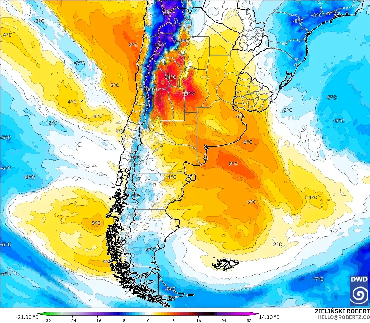 ICON model - Argentina, Temperature at 850hPa Anomaly