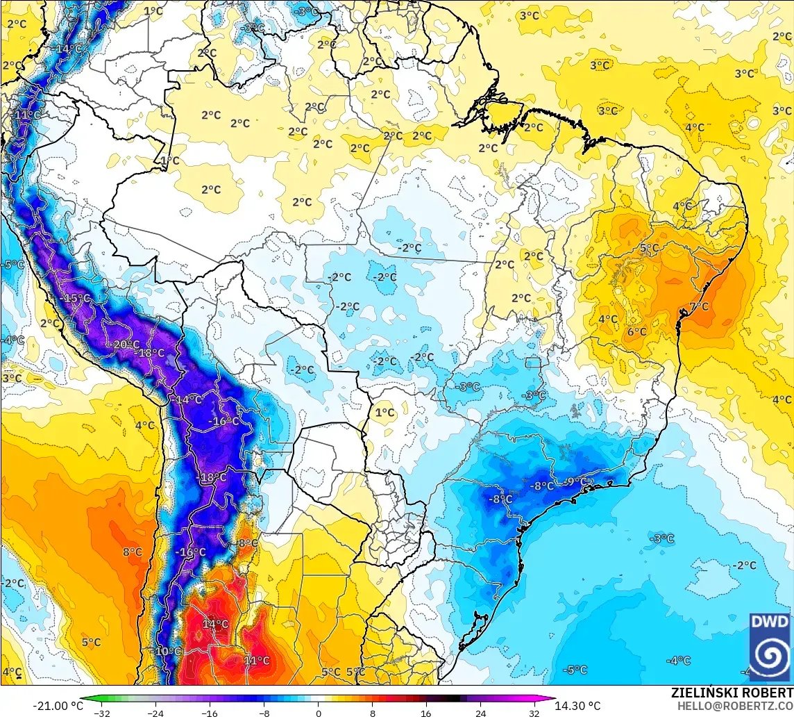 ICON model - Brazil, Temperature at 850hPa Anomaly