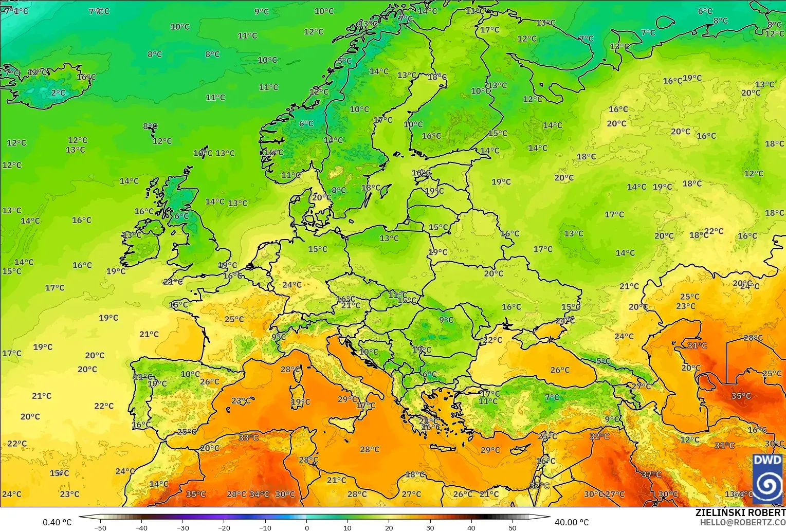 ICON model - Europe, Temperature at 2m