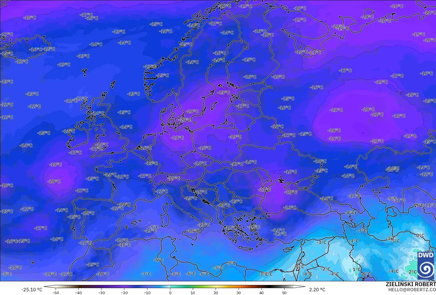 ICON model - Europe, Temperature at 500hPa