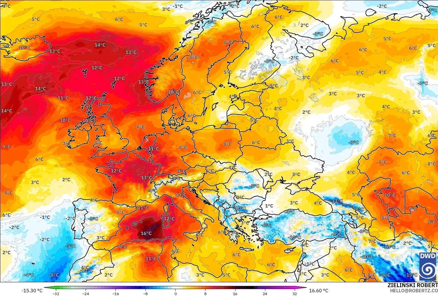 ICON model - Europe, Temperature at 850hPa Anomaly
