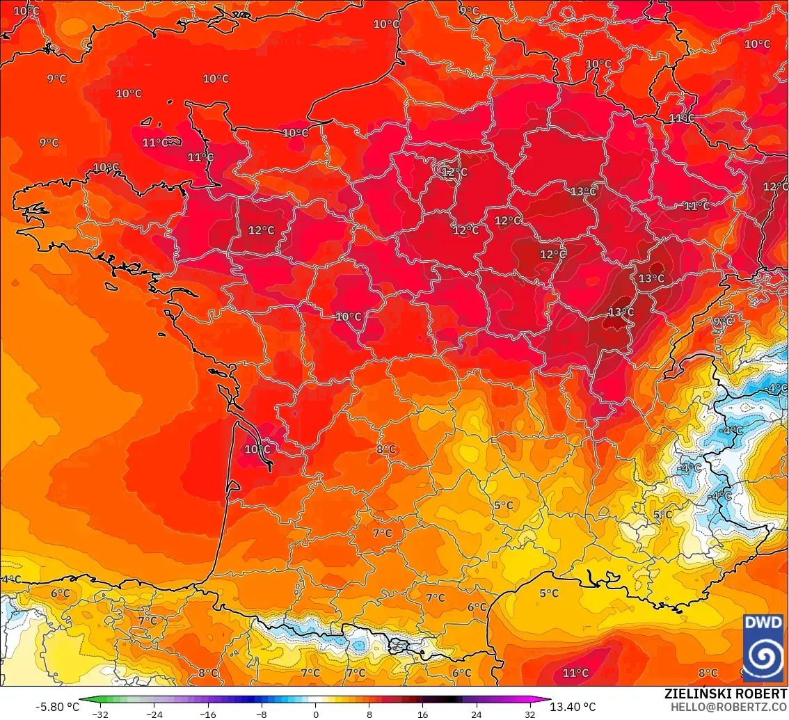 ICON model - France, Temperature at 850hPa Anomaly